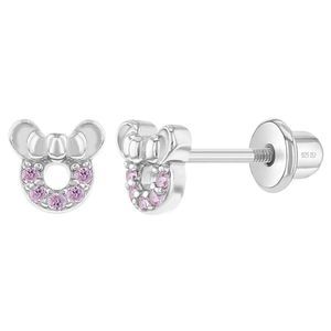 925 Sterling Silver CZ Mouse Baby Screw Back Earrings Fits Toddlers & Girls